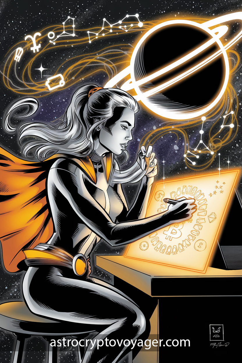 Comic-style illustration in black and white with orange accents: A focused Pisces woman sketching a glowing blueprint of Bitcoin investments, with Saturn depicted as a wise teacher holding a radiant ruler, surrounded by constellations and crypto symbols